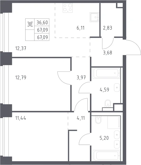 Планировка: Евротрёшка 67,1 м² в ЖК «НОВА»
