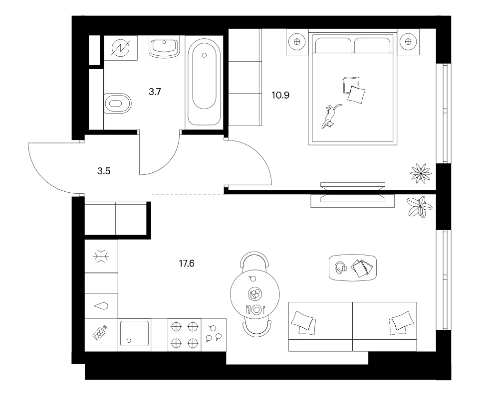 Планировка: 1-комнатная квартира 35,7 м² в ЖК «Ярославский»