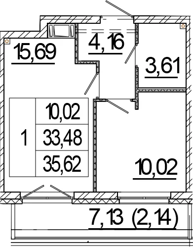 Планировка: Евродвушка 33,5 м² в ЖК «Новый Питер»