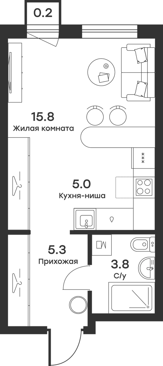 Планировка: Студия 30,1 м² в ЖК «Равновесие»