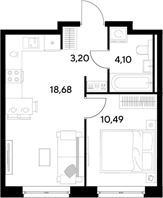 Планировка: Евродвушка 36,5 м² в ЖК «Космопарк»