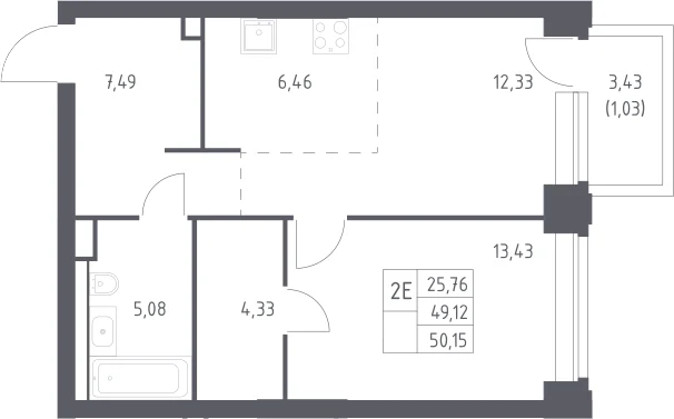 Планировка: Евродвушка 49,1 м² в ЖК «НОВА»