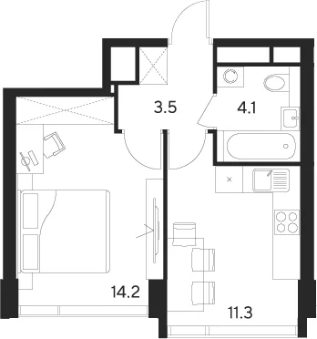 Планировка: 1-комнатная квартира 33,1 м² в ЖК «Инди Тауэрз от Аквилон»