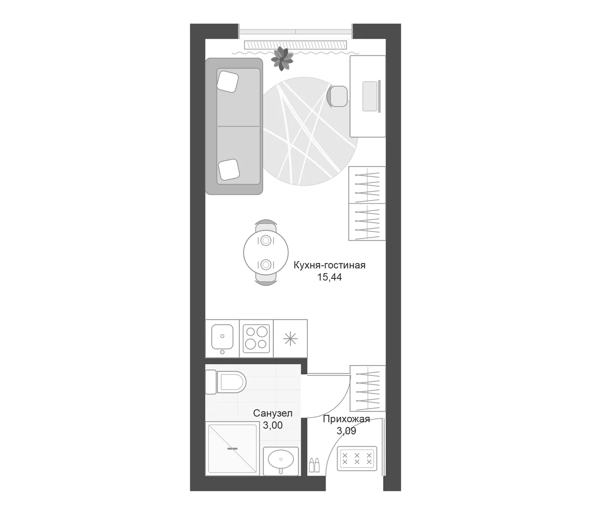 Планировка: Студия 21,5 м² в ЖК «Апарт-комплекс Первый Зеленый»