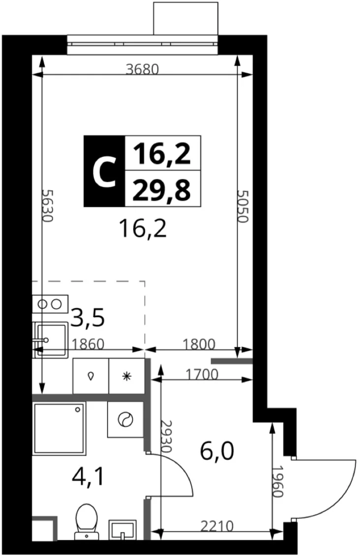 Планировка: Студия 29,8 м² в ЖК «1-й Ясеневский»