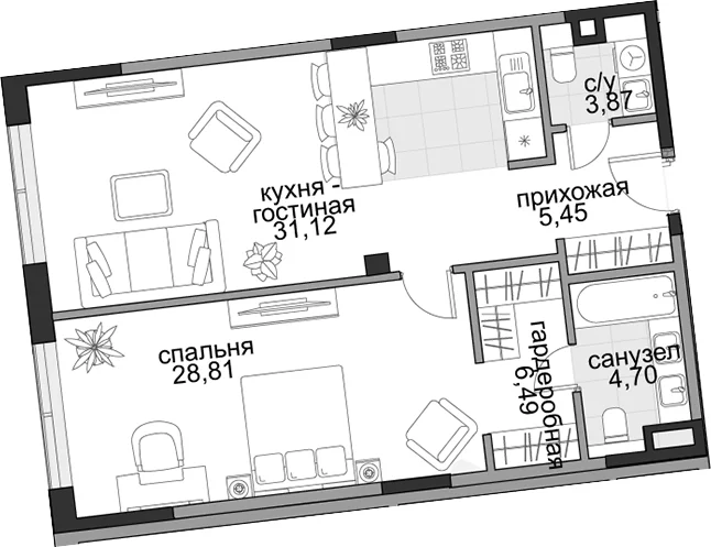 Планировка: Евродвушка 74 м² в ЖК «Садовническая, 69»
