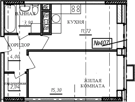 Планировка: 1-комнатная квартира 37 м² в ЖК «Краснофлотский»