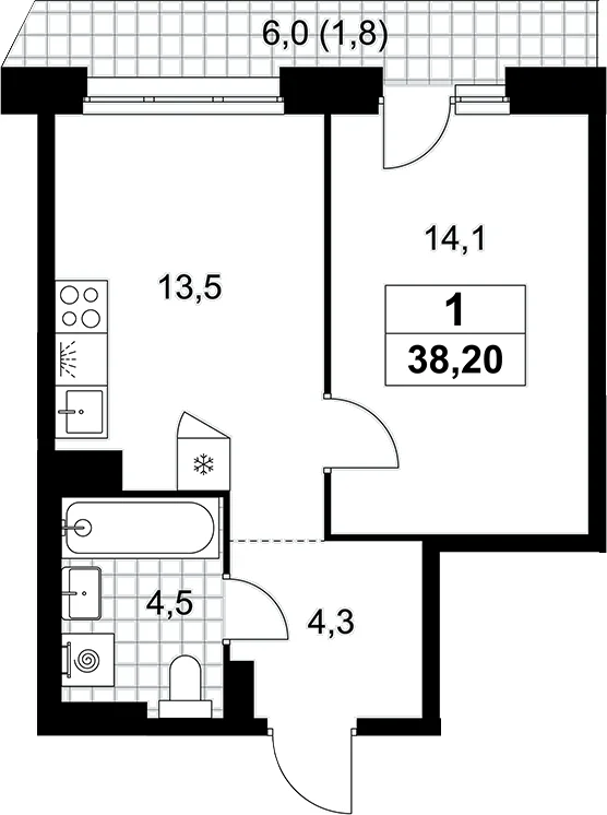 Планировка: 1-комнатная квартира 36,4 м² в ЖК «Прокшино»