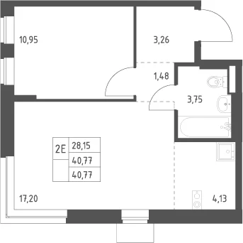 Планировка: Евродвушка 40,8 м² в ЖК «Подольские кварталы»