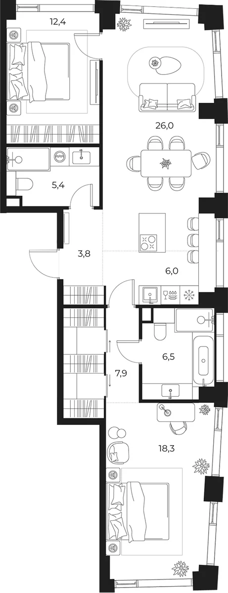 Планировка: Евротрёшка 86,2 м² в ЖК «МАСТЕРС»
