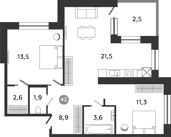 Планировка: Евротрёшка 63,3 м² в ЖК «Графская слобода в Песках»