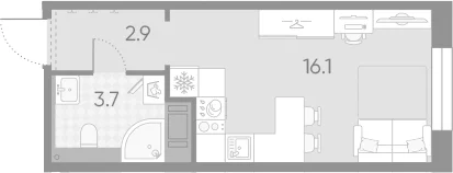 Планировка: Студия 22,7 м² в ЖК «Большая Охта»