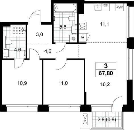 Планировка: Евротрёшка 67 м² в ЖК «Хольм»