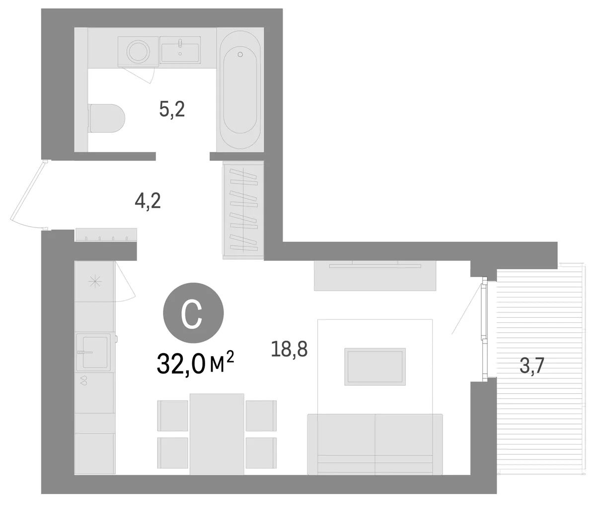 Планировка: Студия 30,9 м² в ЖК «Брусника в Новоселье»