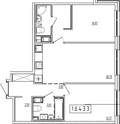 Планировка: Евротрёшка 62,9 м² в ЖК «Новый Ямбург»