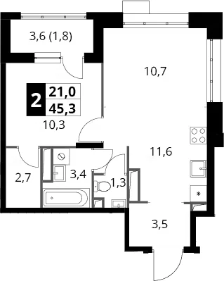 Планировка: Евродвушка 43,5 м² в ЖК «1-й Саларьевский»