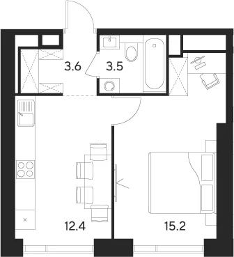 Планировка: 1-комнатная квартира 34,7 м² в ЖК «Инди Тауэрз от Аквилон»