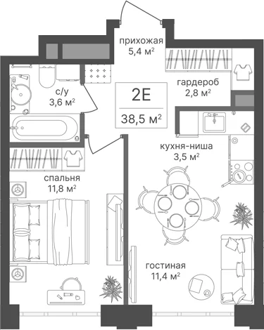 Планировка: Евродвушка 38,5 м² в ЖК «Михалковский»