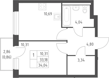 Планировка: 1-комнатная квартира 33,2 м² в ЖК «Горки Парк»