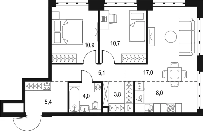 Планировка: Евротрёшка 64,9 м² в ЖК «Левел Южнопортовая»