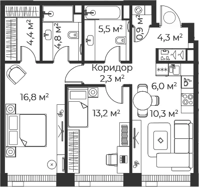 Планировка: Евротрёшка 68,5 м² в ЖК «Веер»