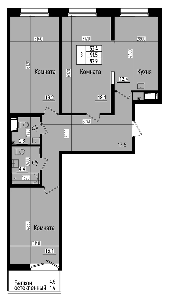 Планировка: 3-комнатная квартира 91,5 м² в ЖК «Прагма Сити»