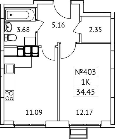 Планировка: 1-комнатная квартира 34,5 м² в ЖК «Новотомилино»