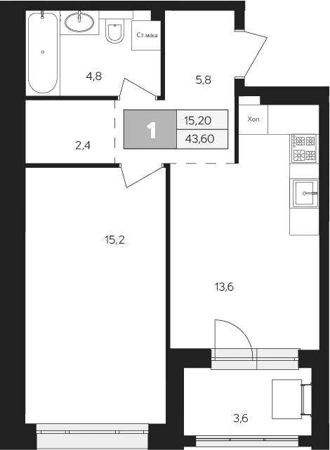Планировка: 1-комнатная квартира 41,8 м² в ЖК «Ласточкино»