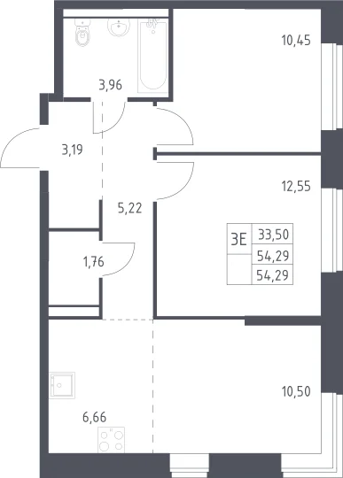 Планировка: Евротрёшка 54,3 м² в ЖК «Пригород Лесное»