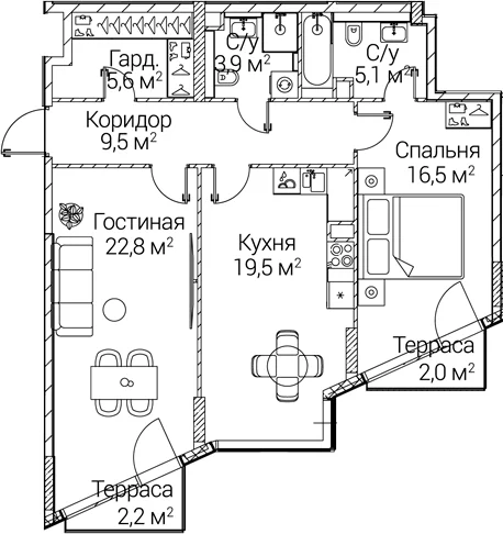 Планировка: 2-комнатная квартира 80 м² в ЖК «СЕЗАР БУДУЩЕЕ»
