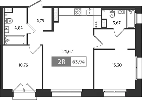 Планировка: Евротрёшка 63,9 м² в ЖК «Ranta Residence»