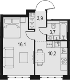 Планировка: 1-комнатная квартира 33,9 м² в ЖК «Левел Южнопортовая»