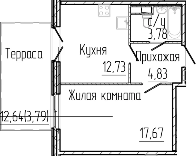 Планировка: 1-комнатная квартира 39 м² в ЖК «Сертолово Парк»