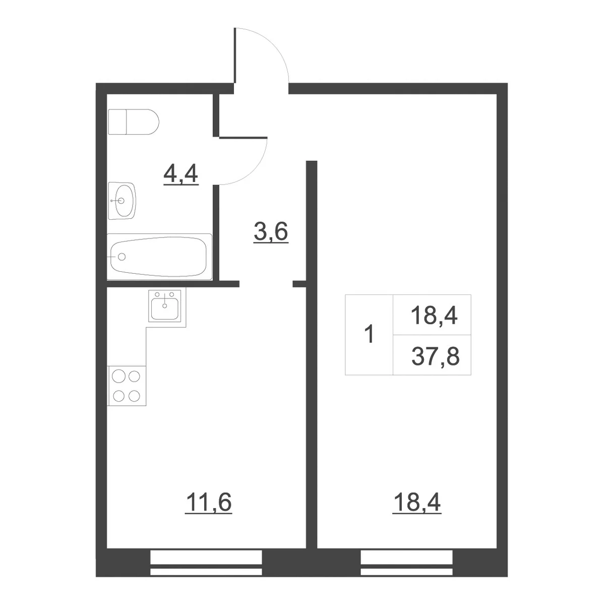 Планировка: 1-комнатная квартира 38,3 м² в ЖК «Дом на набережной. Атлантика»