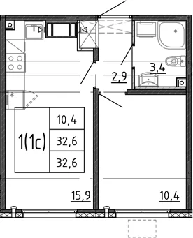 Планировка: Евродвушка 32,6 м² в ЖК «Ручьи 2»
