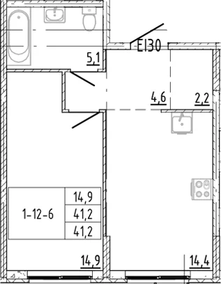 Планировка: 1-комнатная квартира 41,2 м² в ЖК «Ягодное Река Парк»