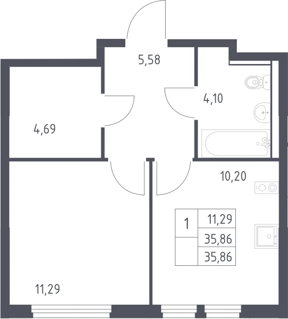 Планировка: 1-комнатная квартира 35,9 м² в ЖК «Пригород Лесное»