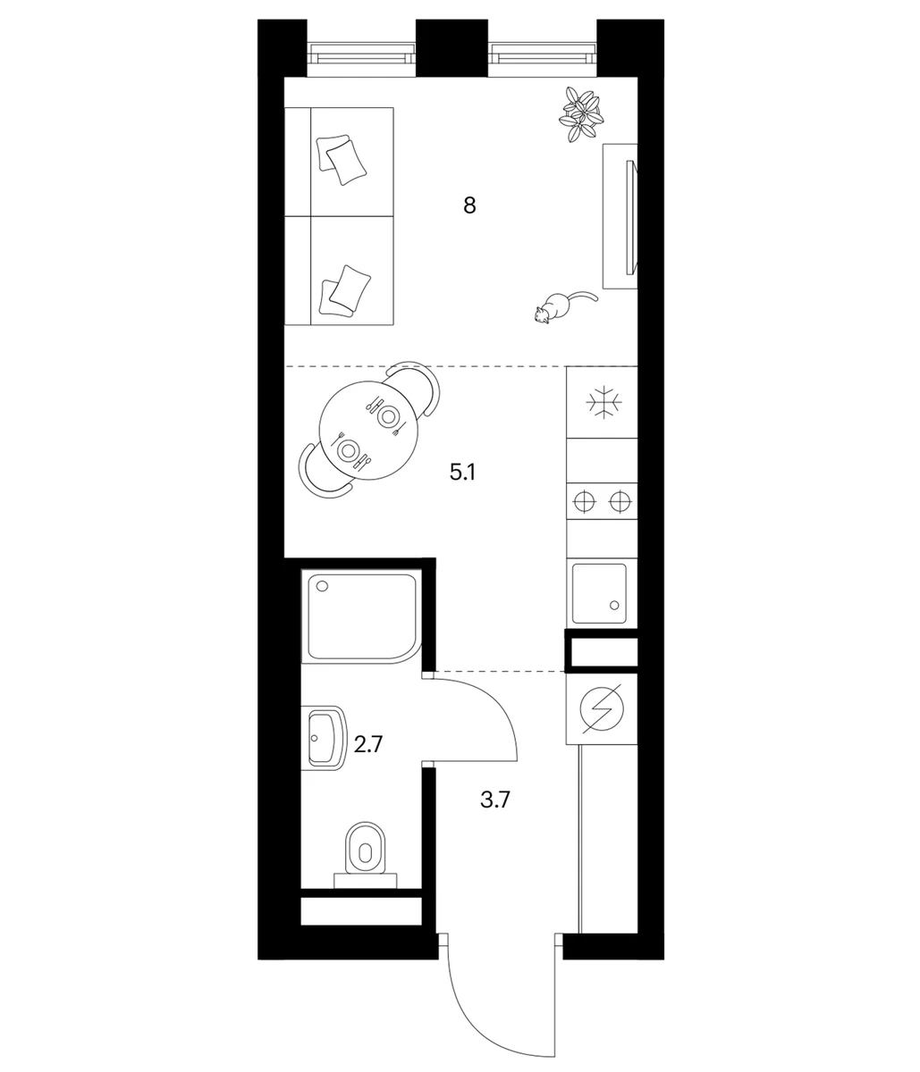 Планировка: Студия 19,5 м² в ЖК «Москворечье»