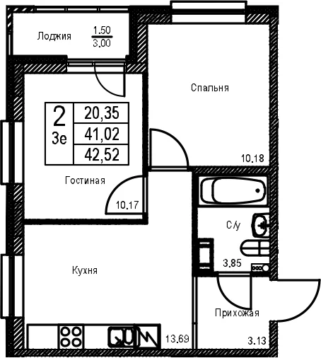 Планировка: Евротрёшка 41 м² в ЖК «ID Kudrovo II»