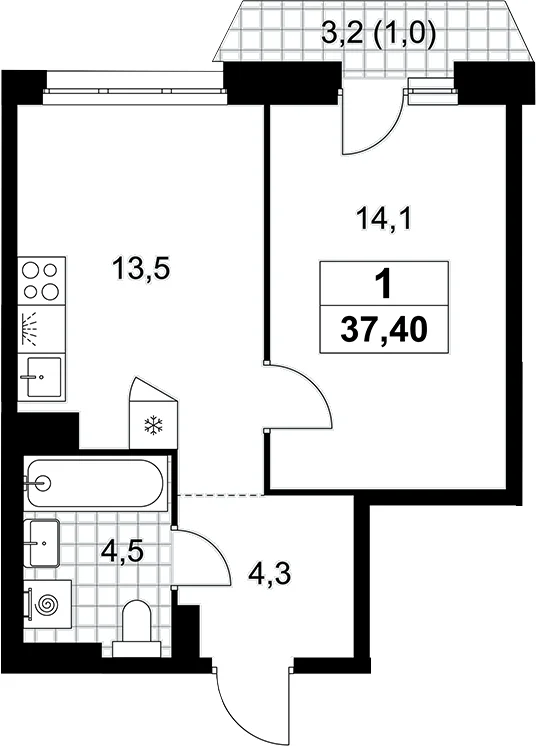 Планировка: 1-комнатная квартира 36,4 м² в ЖК «Прокшино»