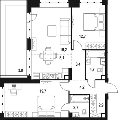 Планировка: Евротрёшка 75,6 м² в ЖК «Левел Южнопортовая»