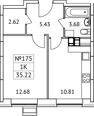 Планировка: 1-комнатная квартира 35,2 м² в ЖК «Новотомилино»