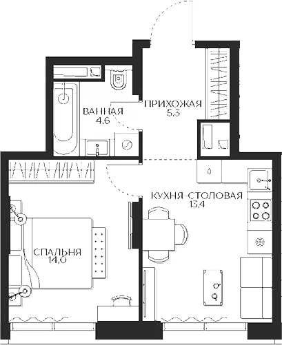 Планировка: 1-комнатная квартира 37,3 м² в ЖК «Кутузов Сити»