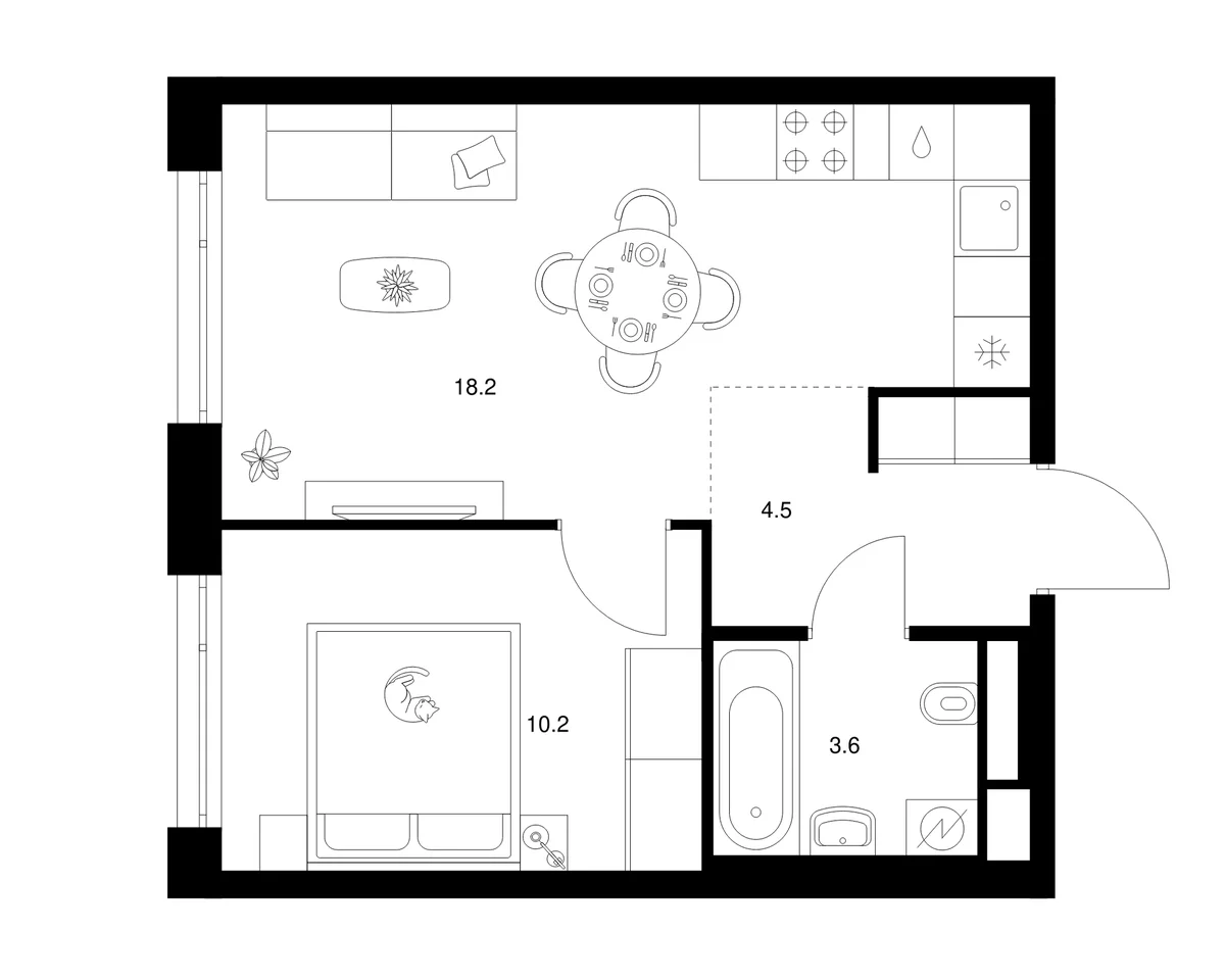 Планировка: 1-комнатная квартира 36,5 м² в ЖК «2-й Иртышский»