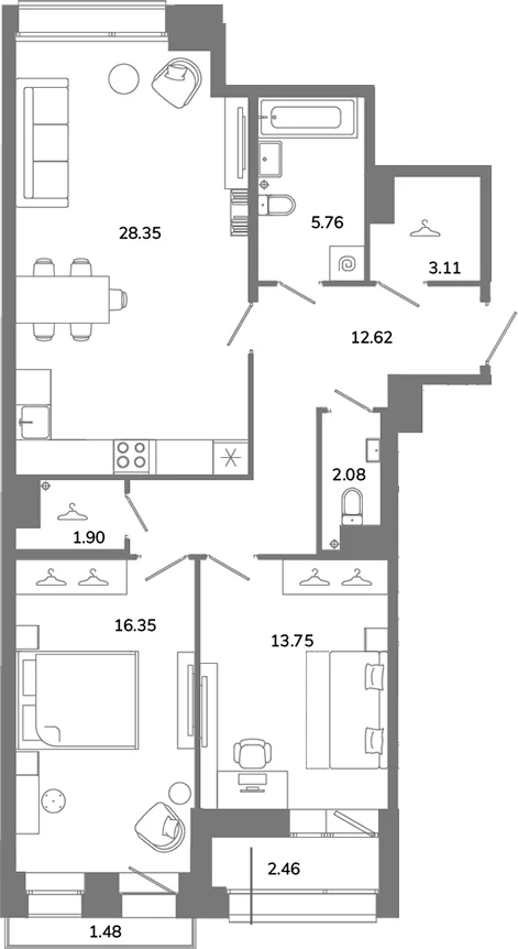 Планировка: Евротрёшка 83,9 м² в ЖК «Твой Космос»