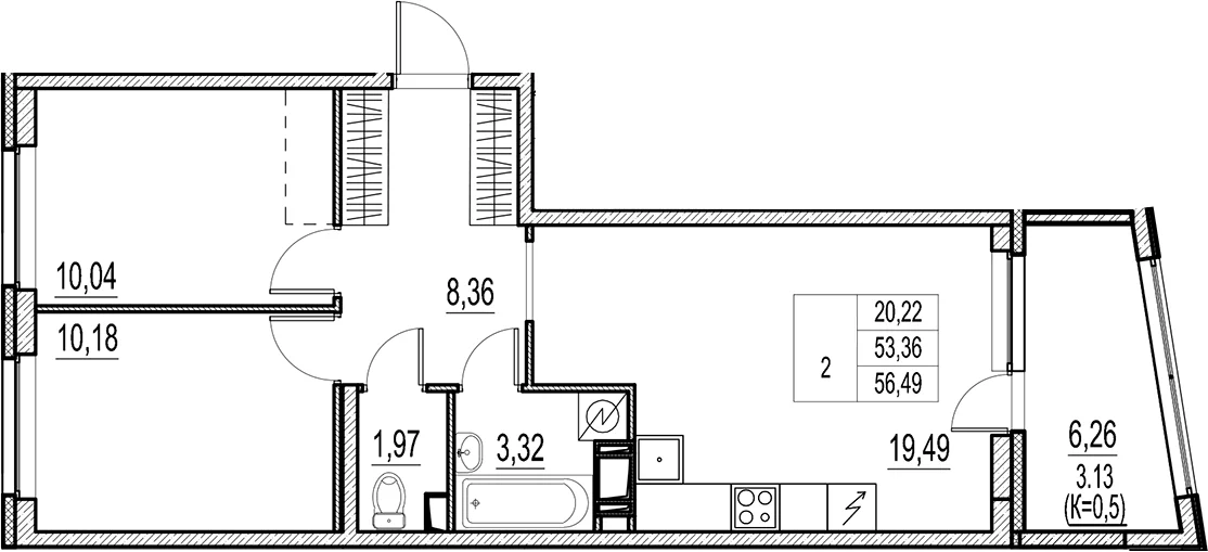 Планировка: Евротрёшка 53,4 м² в ЖК «Город-спутник Южный»