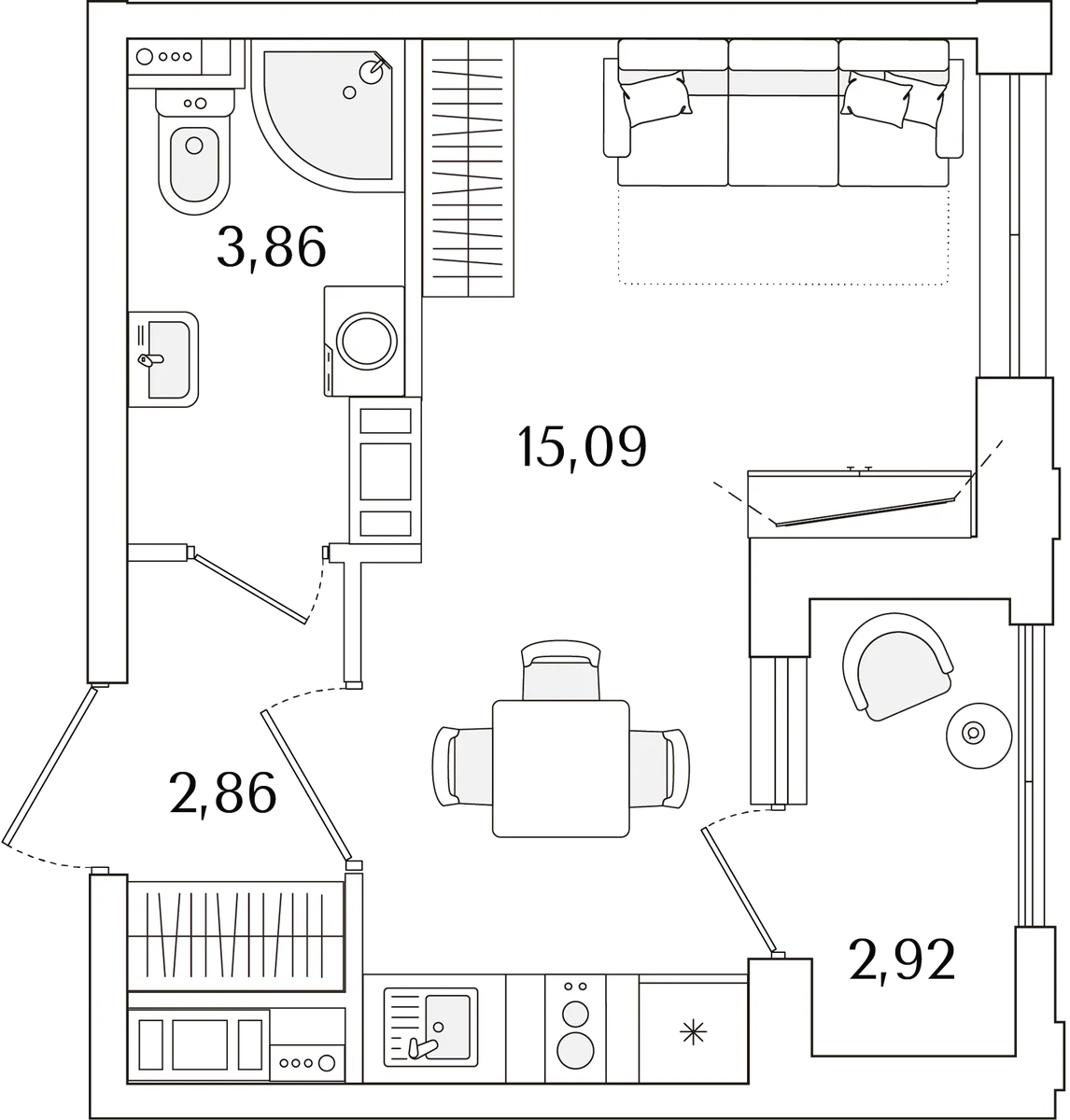 Планировка: Студия 21,8 м² в ЖК «Гранат»