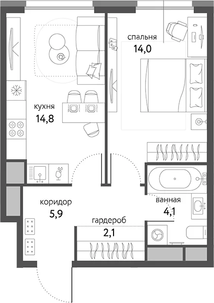 Планировка: 1-комнатная квартира 40,9 м² в ЖК «Сиреневый парк»