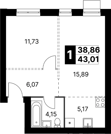 Планировка: Евродвушка 43 м² в ЖК «Апрелевка Клаб»