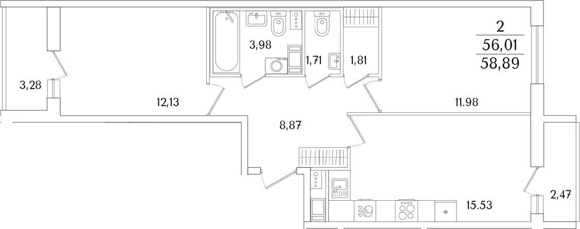 Планировка: Евротрёшка 56 м² в ЖК «Кинопарк»